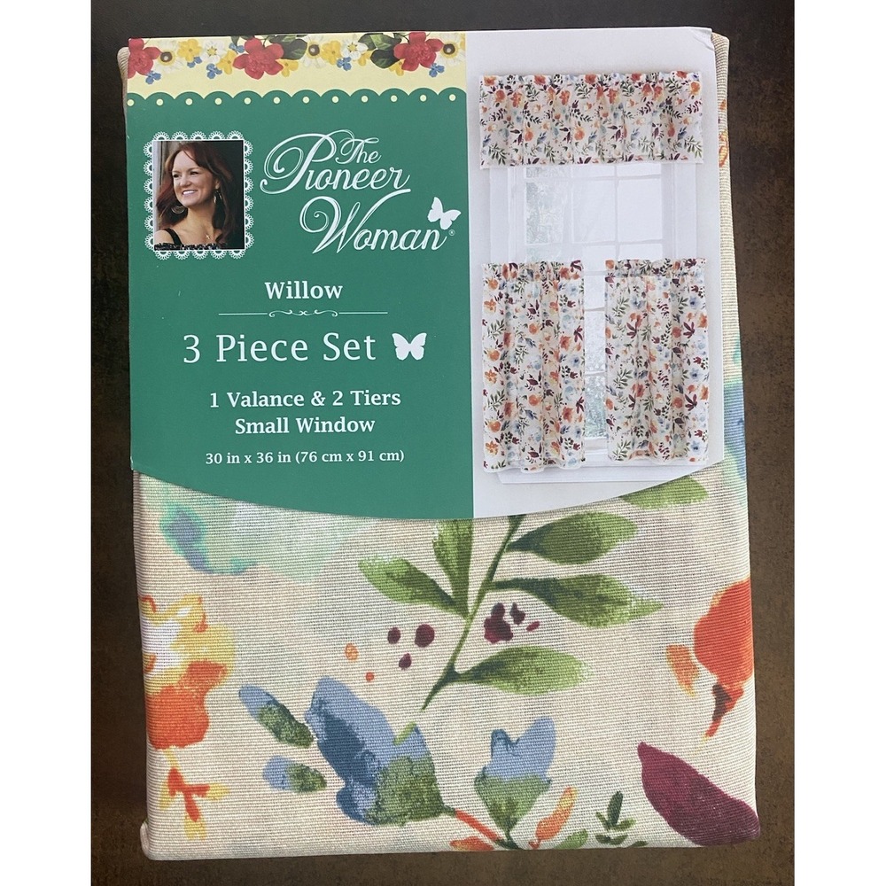 Pioneer Woman: WILLOW 3pc (1) Valance & (2) Tiers Set for Small Window 30" x 36"